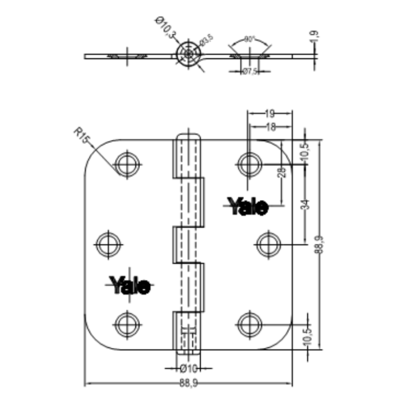 Pack 3 Bisagra Canto Redondo Yale 3,5x3,5 Pulgadas Satinado